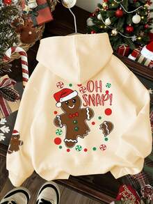 Christmas-Tween Girl Gingerbread & Candy Print Sweatshirt, Fleece Soft Top, Suitable For Autumn/Winter Daily Wear, Christmas Party, Streetwear Style, Fashionable Kids Autumn/Winter Top