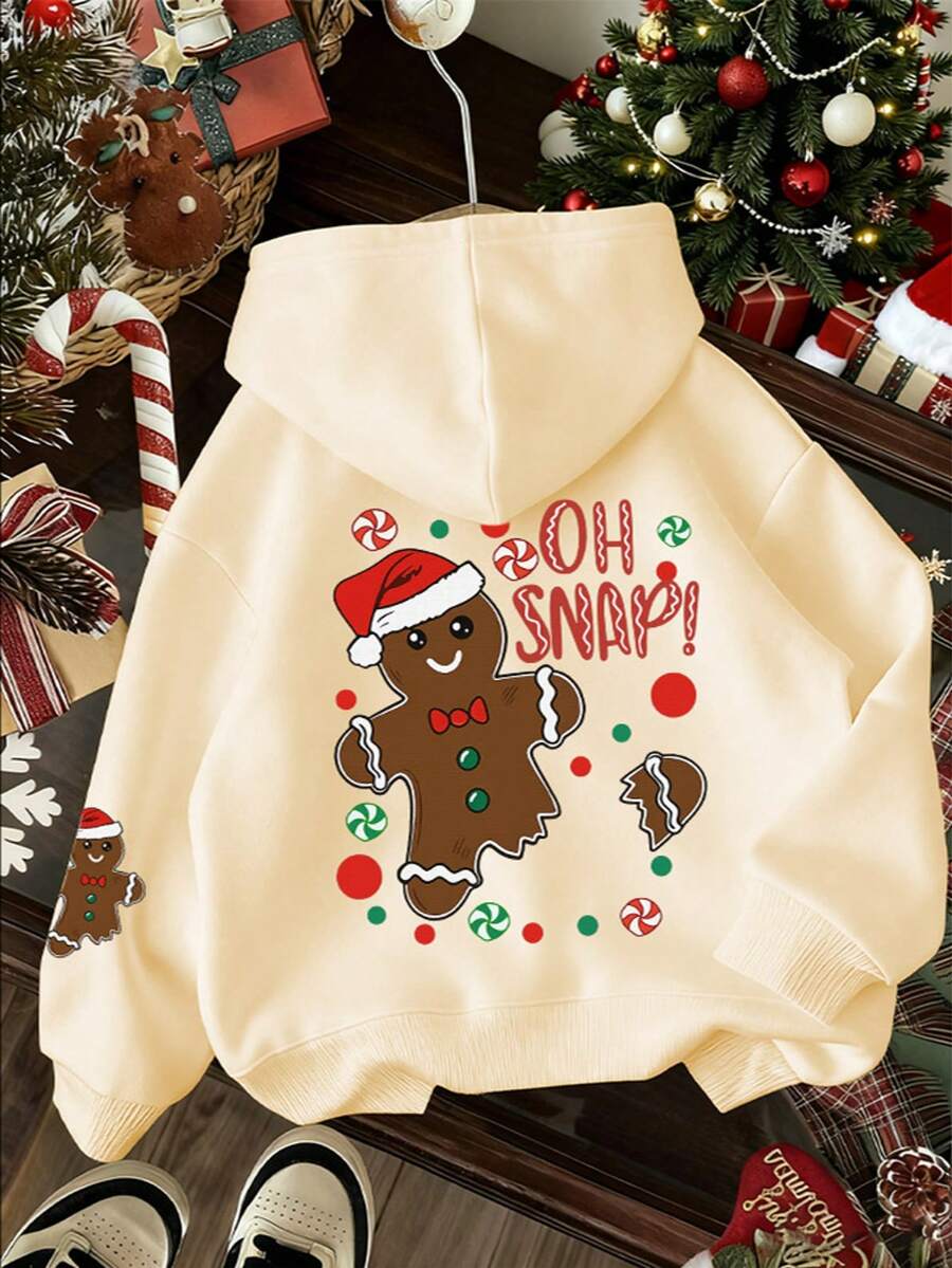 Christmas-Tween Girl Gingerbread & Candy Print Sweatshirt, Fleece Soft Top, Suitable For Autumn/Winter Daily Wear, Christmas Party, Streetwear Style, Fashionable Kids Autumn/Winter Top