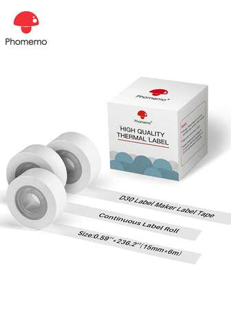  Phomemo D30 3 Rolls Continuous Label Maker Tape, Black On Continuous Color Sticker Thermal Paper, Self-Adhesive Label Tape For D30/ D35/ D30S/ Q30S/ Q31 Label Maker, Sticker Paper For Mini Labeler, Sticker Label For Thermal Label Printers, 100%  High Quality Label Paper Tape, Multi-Purpose Thermal Paper, Water Resistant, Oil Resistant, Friction Resistant Label Paper, Lifetime Lasting, Multi-Purpose Smooth Direct Thermal Paper Label, D30 Label Taper For Home, Kitchen, Medicine Box, Office, School, Stores, Organization, Portable Label Maker Print Labels For Item Labels, Product Labels, Price Tags, File Tags, Kitchen Bottle Labels, Medicine Labels, 3 Rolls In 1 Box, Laser Label Tape, Non Pre-Cut Label Stickers | Black On White Continuous Labels, 15mm X 6m, 0.59" X 23.62", 3 Rolls