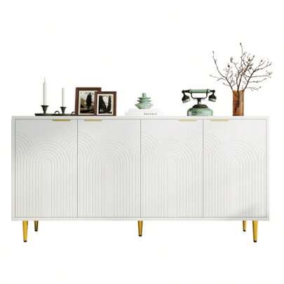 Living Room Sideboard, Chest Of Drawers With 4 Doors, Brushed Gold Handles And High-Gloss Table Legs, Black, Dimensions 160*80*40 Cm (W*H*D)
