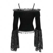 EVA LADY 1pc Gothic Style Velvet Lace Off-Shoulder Top, Retro Formal Outfit For Autumn/Winter - Black - View 2