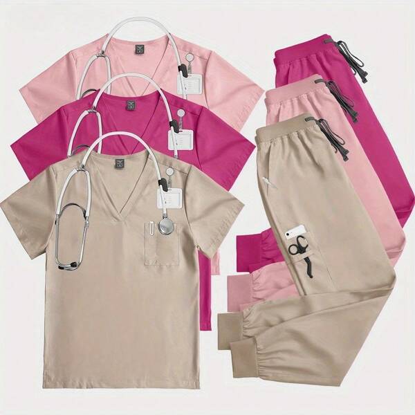 2Pcs Set Surgical Scrubs Uniform Set, V-Neck Top With Elastic Waist Pants, Breathable Material For Medical Staff, Easy To Clean And Maintain