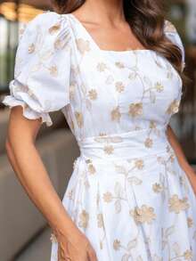 Elegant Luxury Short Dress With 3D Embroidery, Short Sleeves, And Cotton Design. - 白色 - 查看 3