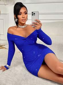 AIJ Elegant Red Knitted Fitted Mini Dress, Ruched Off-Shoulder Long Sleeve Design, Suitable For Sexy Party Look - Royal Blue - View 3
