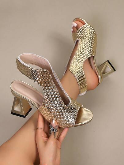 Women's Fashion Snake Skin Texture Hollow Out Open Toe Chunky Heel Sandals, Versatile For Summer