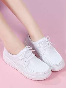 Sneaker casual con suola spessa da donna, scarpe bianche in stile campus semplice, scarpe da lavoro nere con lacci monocolore, scarpe sportive versatili e alla moda per il tempo libero e gli spostamenti - Bianco - Visualizzare 4