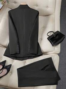 Women's Spring/Autumn Double-Breasted Long Sleeve Blazer & Trouser Suit Set - Black - View 2