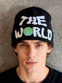 1pc These Men's Knit Beanies With "THE WORLD" Lettering And Earth Graphic Come In Multiple Colors, Offering A Stylish And Warm Design, Making Them Ideal Fashion-Forward Winter Headwear - Multicolor - View 6