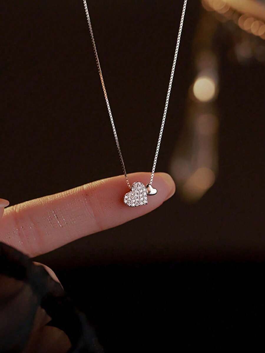 1PC Simple Sweet Niche Inlaid Zirconia Double Love Pendant Necklace For Women's Exquisite Jewelry Party Mother's Day Gift - 吊墜項鍊 - 查看 1