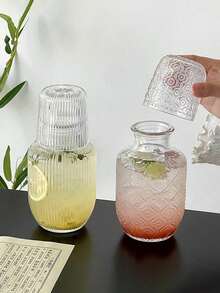 2pcs Vintage Floral Embossed Juice Drink Glass Cup, Creative Design Glassware Set Includes Teapot And Cup, Suitable For Coffee, Tea, Fruit Juice