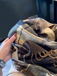 1pc Women's Plaid Fringed Scarf, Faux Cashmere, Warm, Suitable For Daily Use In Autumn And Winter Accessories Women - Cà phê nâu - Xem 4