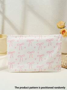 1 szt. Różowa kosmetyczka z nadrukiem serca i dużej kokardy, zapinana na zamek, lekka, codzienna kosmetyczka, odpowiednia dla kobiet w podróży i do użytku na zewnątrz