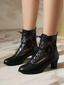Retro Style Victorian Ankle Boots Lace Hollow Mesh Heel Shoes Fashionable Lace-Up Spliced Brogue Ladies High Heels Woman - Black - View 3
