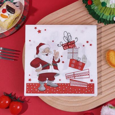 20/40/60 szt., 13*13 cali, zabawne świąteczne serwetki koktajlowe z Mikołajem, 2-warstwowe, czerwone serwetki w stylu vintage z Mikołajem i prezentem lub dekoracja stołu na przyjęcie świąteczne, jednorazowe ręczniki do rąk z motywem Wesołych Świąt na świąteczne przyjęcia