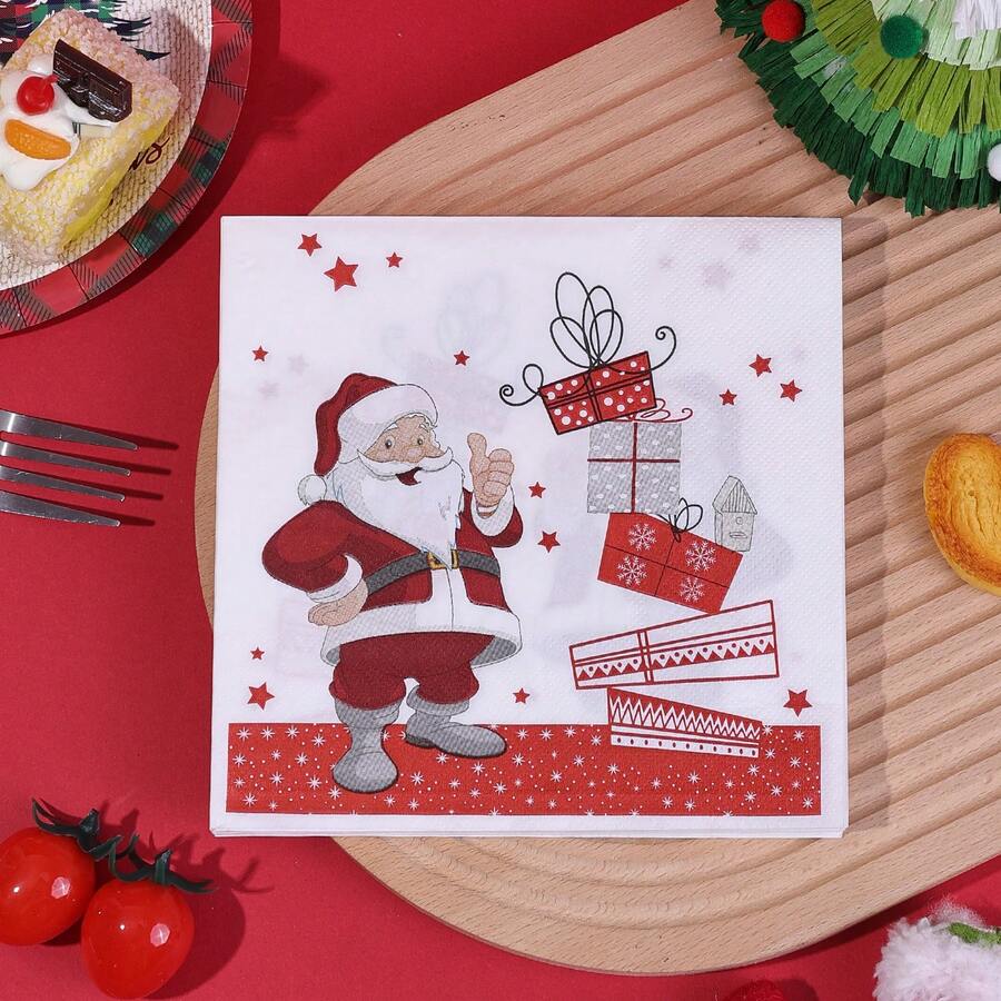 20/40/60 szt., 13*13 cali, zabawne świąteczne serwetki koktajlowe z Mikołajem, 2-warstwowe, czerwone serwetki w stylu vintage z Mikołajem i prezentem lub dekoracja stołu na przyjęcie świąteczne, jednorazowe ręczniki do rąk z motywem Wesołych Świąt na świąteczne przyjęcia