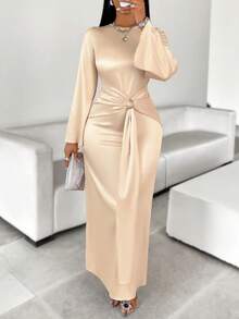 Apricot Glossy Fabric Round Neck Trumpet Sleeves Front Metal Button Ribbon Long Dress Autumn Women's Clothing - Champagne - View 4