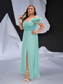 NIKBK Plus Size Elegant Party Floral Decor Off-Shoulder Spaghetti Strap High Slit Maxi Dress - Green - View 4