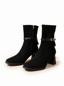 Maillard Brown High Heel Boots, Slimming, Stylish, High-End, Retro Square Toe Ankle Boots For Women, Chunky Heel, Autumn/Winter - Black - View 6