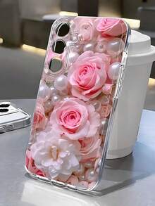 Pink Roses And Pearls Transparent Phone Case Compatible With Samsung Galaxy S25/24/23/22/21 Ultra/FE/Plus/Edge,A73/72/54/53/52/50/35/34/33/25/24/23/22/20/16/15/14/13/12/A10,As Well As Iphone17,16, 15, 14, 13, 12, 11, Pro Max,Pro, Plus,17Air,Fashion Creative Design New Mobile Phone Case - 彩色 - 查看 5