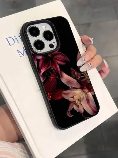 1个酒红色百合花图案哑光质感全包覆式TPU防震时尚手机壳，兼容苹果11/12/13/14/15/16/17 Pro Max