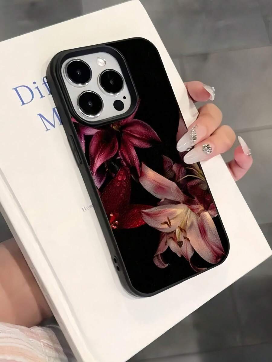 1个酒红色百合花图案哑光质感全包覆式TPU防震时尚手机壳，兼容苹果11/12/13/14/15/16/17 Pro Max