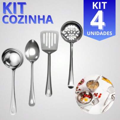 Kit Utensílios Para Cozinha 4 Peças De Aço Inox Colher De Arroz Escumadeira Concha