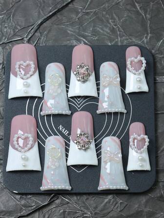 CrystalHola Christmas Nails, 10 Pieces Of Handmade Fake Nails Press-On Nails, French Tip Nails, Long Duckbill-Shaped Nails With Pearls, Pink And White Nails With 3D Hearts And Bows, Hand-Painted Lines And Polka Dots, Glittery Holiday Nails, Luxurious Nails, Y2K Style, Suitable For Music Festivals, Parties And Everyday Wear, Autumn And Winter, A Good Gift For Girls And Women, New Year Nails.
