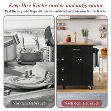 Carrito de cocina multifuncional con encimera plegable, 120*65 cm expandible, con 5 cajones, gabinetes, soporte para especias y toallas, sobre ruedas - Isla de cocina para cocina, comedor y sala de estar - Negro+Natural+MDF+Cocina - Ver 6