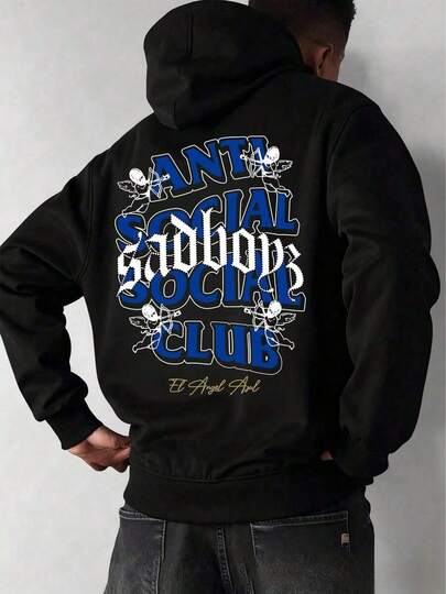 Hombre003-1 Sudadera Con Capucha De Cuello Redondo Para Hombre Con Estampado De Anti Social Club Sad Boyz Bolsillo Canguro Y Cordón, Manga Larga, Suelta Y Casual, Ideal Para Regalar Como Ropa De Hombre Frente y Espalda(Modelo Ligero Primavera-Otoño.Elige talla superior.)