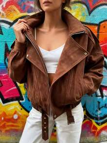 New Fashion Brown Suede Jacket With Ameriad Collar, Women Casual Long Sleeve Coat With Zipper Pockets - Brown - View 7