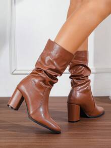 Chunky Heel Slouchy Boots Round Toe Suede Slim Tall Boots For Women, New Autumn/Winter Mid-Calf Riding Boots, High Heel Chunky/Slim Heel - 摩卡棕 - 查看 2