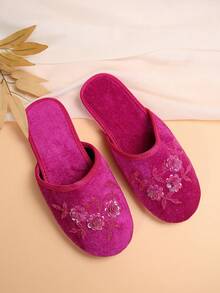 Dép xỏ ngón thêu hoa vân anh tím cho nữ, giày bệt hở lưng, dép bệt thanh lịch, thoải mái, thoáng khí, dùng trong nhà/ngoài trời - Màu Hồng Tươi - Xem 7