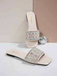 Sandales de plage ornées de strass, style coréen, pantoufles légères de luxe à enfiler pour femmes, mules décontractées d'été pour vacances, antidérapantes, surdimensionnées, tongs mode pailletées pour intérieur et extérieur - Beige - Voir 8