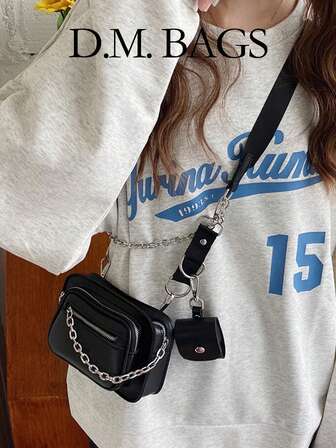 2 pièces Ensemble de sacs à main élégants et chics de style sombre avec chaîne, grande capacité, multifonctionnel, convient pour les femmes, les dames de bureau, les étudiantes, usage quotidien. Comprend un étui pour écouteurs.