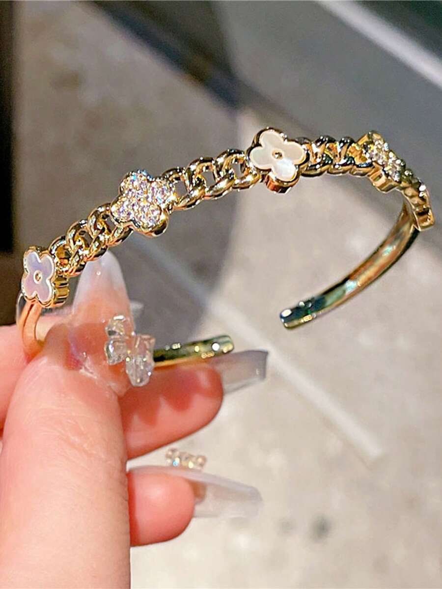 1pc Autumn/Winter Flower Oil-Drop Zirconia Chain Fashion Copper Gold Women's Bracelet, Suitable For Party, Ball, Outdoor, Daily Outfit Accessory, Dating, Birthday Gift - Vàng - Xem 1
