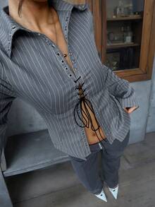 SOLTRB Women's Retro Fashion Casual Versatile Modern Commute Solid Color Tie Metal Eyelet Knot Shirt, Office & Everyday Wear