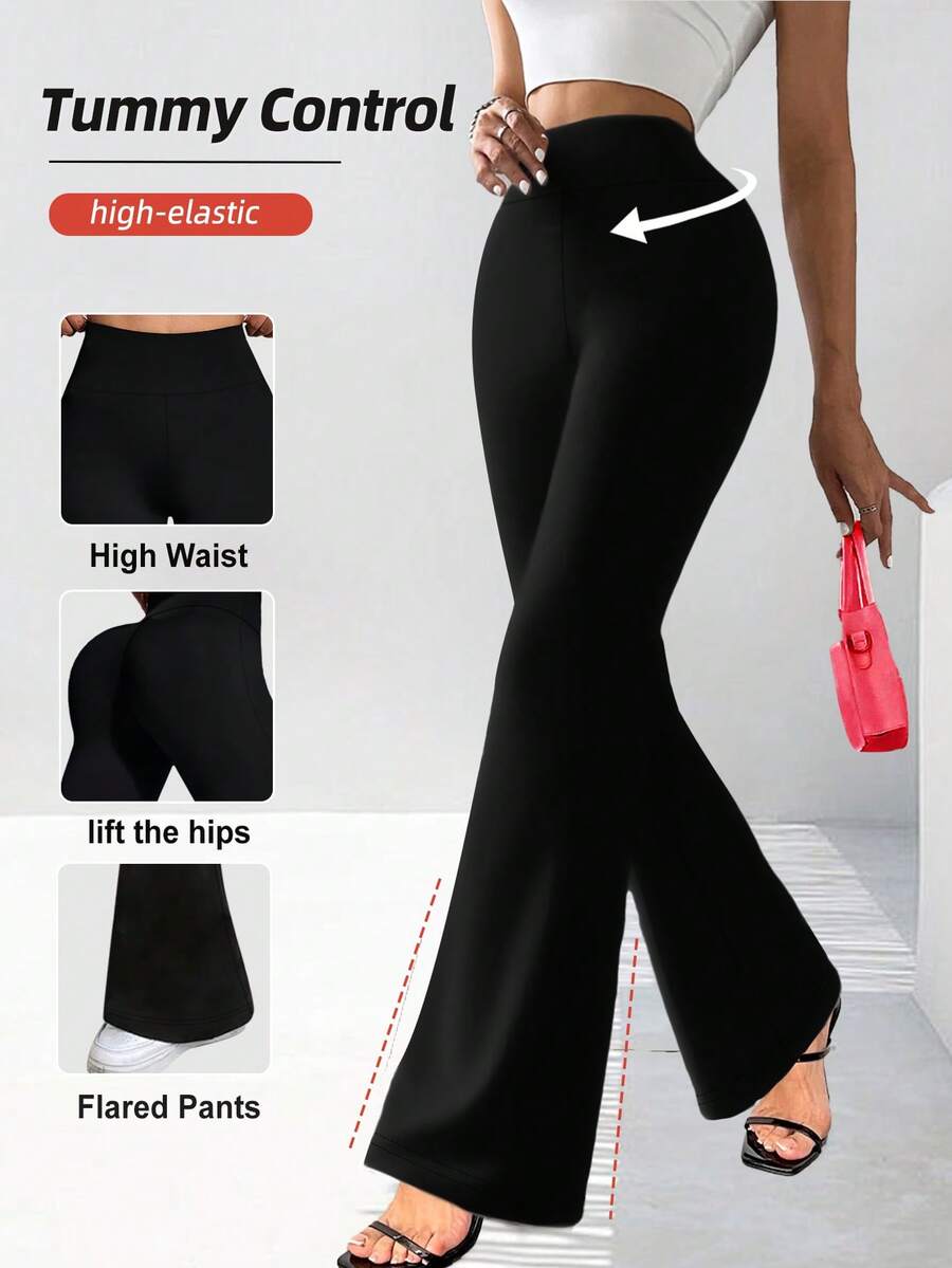 女士高腰喇叭裤 - 提臀显瘦，春秋新款，性感高腰收腹，适合度假约会，新款女士长裤，可机洗 - 女士高腰喇叭裤，四季休闲女装，高腰显瘦阔腿裤 黑色
