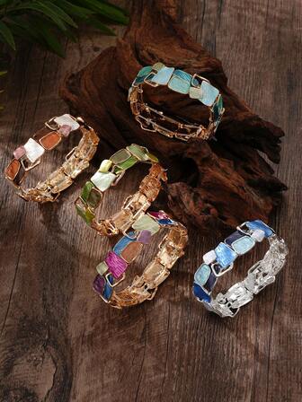 Cring Coco 1条时尚波西米亚珐琅极简不对称弹力手链，适合女性日常、舞会、派对、度假、音乐节、情人节、嘉年华等场合佩戴，是理想的珠宝配饰礼物。