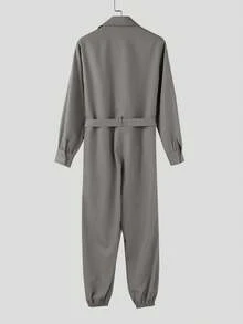 INCERUN Monos largos casuales de una sola pieza con botones, cuello de solapa, manga larga y bolsillos tipo cargo para hombres - Gris - Ver 5