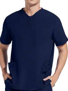 Men's Short Sleeve Elastic Work Uniform, Lab Coat, Pet Grooming Dress, Breathable Stretchy Top With Pockets