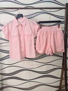 Women's Shirt And Shorts Set With Lining - 粉色 - 查看 3