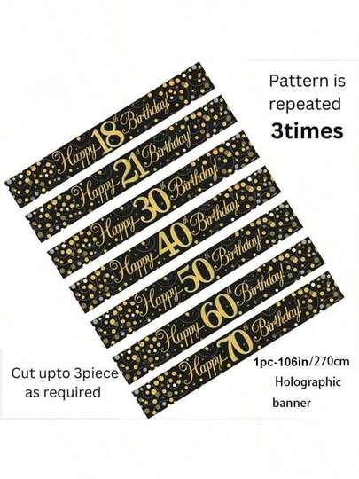 1pc 9ft Banner Sparkling Fizz 16th 18th 21th 30th 40th 50th 60th 65th 70th 80th 90th Birthday Black & Gold Holographic Birthday Party Decoration