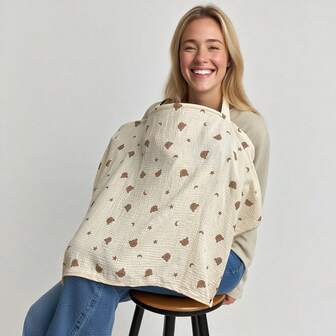 棉纱哺乳巾，多功能婴儿车/汽车安全座椅罩，透气柔软，带拍嗝巾和防风带