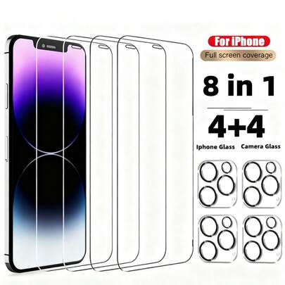 1. 8-en-1 protecteur d'écran en verre trempé, film de protection pour caméra arrière, compatible avec 15/14/13/12/11 Pro Max ; 2. 4 pièces de film de protection en verre avant anti-rayures, incluant 4 pièces de film de protection en verre pour l'objectif de la caméra, compatible avec 17/17 Air/17 Pro/17 Pro Max, 15/15 Plus/15 Pro/15 Pro Max, 14, 13, 12, 11