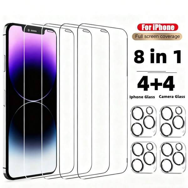 8 en 1 Protector de pantalla transparente Vidrio templado Película de vidrio para la cámara trasera Compatible con 15 14 13 12 11 Pro Max 4 PIEZAS Vidrio protector frontal antirayado con 4 PIEZAS Vidrio de lente de cámara Compatible con iPhone 17/17 Air/17 Pro/17 Pro Max, 15/15 Plus/15 Pro/15 Pro max, 14, 13, 12, 11