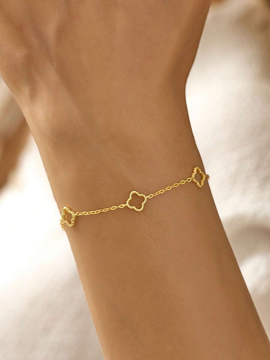 1pc S925 Sterling Silver Gold Classic Five Beaded Hollow Four-Leaf Clover Bracelet, Small, Exquisite, Simple And Hypoallergenic, Classic Sterling Silver Four-Leaf Clover Flower Chain Bracelet Jewelry, High-End Suitable For Women's Daily Wear