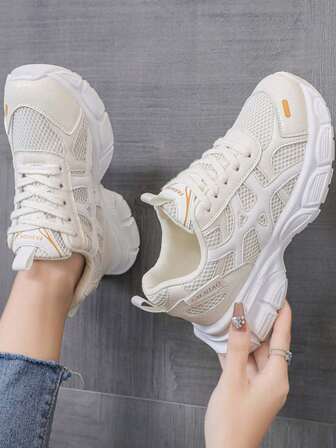 撞色纯色学院风休闲女鞋，春秋新款复古厚底运动鞋，皮革与网布拼接，厚底坡跟休闲鞋，系带，白色，黄色，运动休闲风