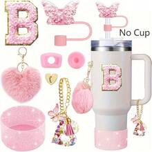 8 Stück Zubehör für 40oz & 30oz Becher, inklusive Strohhalm-Deckel, auslaufsicherer Silikonverschluss, Silikonmanschette, Buchstabenanhänger-Kette, Aufkleber, Herz-Haken, Herz-Pompon-Haarball-Anhänger, für Camping, ideales Valentinstags-Geschenk, Muttertags-Geschenk (ohne Becher)
