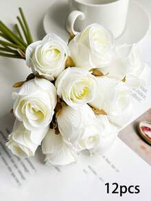 12pcs Artificial Flowers, Artificial Roses Bouquet, Fabric Long-Stem Faux Flowers, Elegant Home Table Centerpieces Decor, For Wedding, Party, Holiday And Birthday, Home Decor - Multicolor - View 7