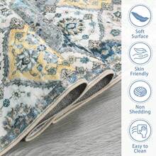 Hodeffior Washable Vintage Area Rugs 120x170cm, Traditional Living Room Rug, Non-Slip Floral Print Carpet For Bedroom, Foldable Short Pile Indoor Mat For Dining Room - Blue Yellow - View 3